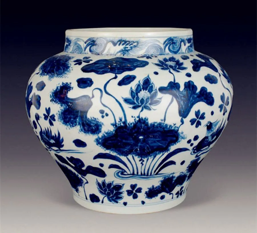 Blue-and-white Porcelains+Hello+The Blue-and-white Jar with Patterns of Mandarin Ducks in Lotus Pond